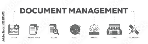 Document management infographic icon flow process which consists of system, reduce paper, receive, track, manage, store, cloud and technology icon live stroke and easy to edit .