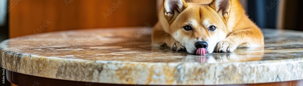 A relaxed dog lying on a polished table, enjoying a calm moment indoors. A relaxed dog lying on a polished table, enjoying a calm moment indoors.