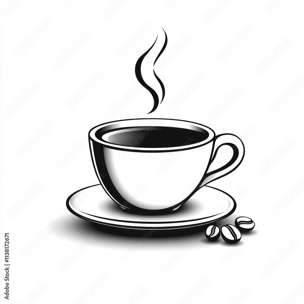 Hot coffee cup and saucer with beans. Hot coffee cup and saucer with beans.