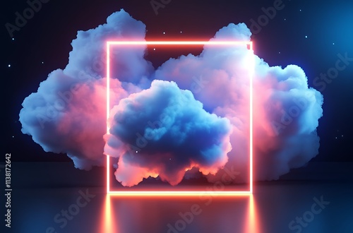 A captivating 3D square frame glowing with neon light, inside of which fluffy, glowing clouds drift gently, forming a surreal scene