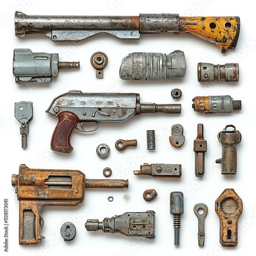 A collection of vintage, rusty gun parts and tools arranged neatly, showcasing a blend of industrial design and historical craftsmanship. photo