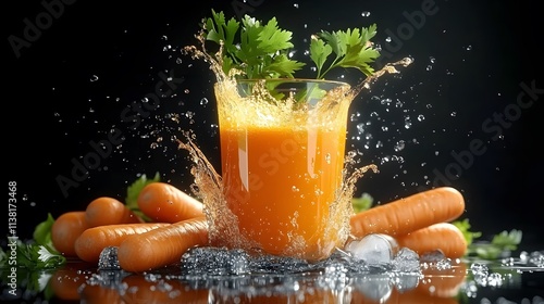 Fresh Carrot Juice Splashing with Ice and Parsley on Black Background Healthy Drink AI Generated