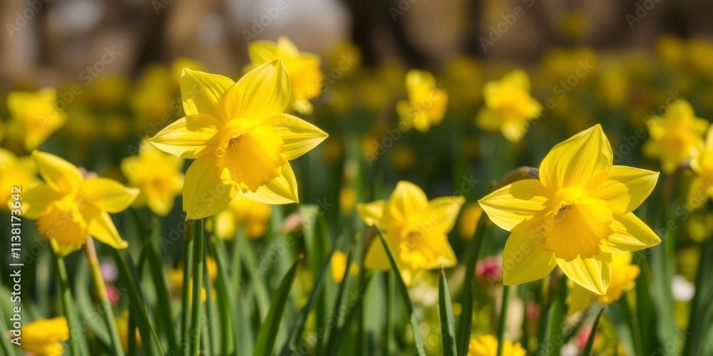 Vibrant yellow daffodil flowers blooming in a lush green field under the bright sun, daffodils, yellow, spring Vibrant yellow daffodil flowers blooming in a lush green field under the bright sun, daffodils, yellow, spring