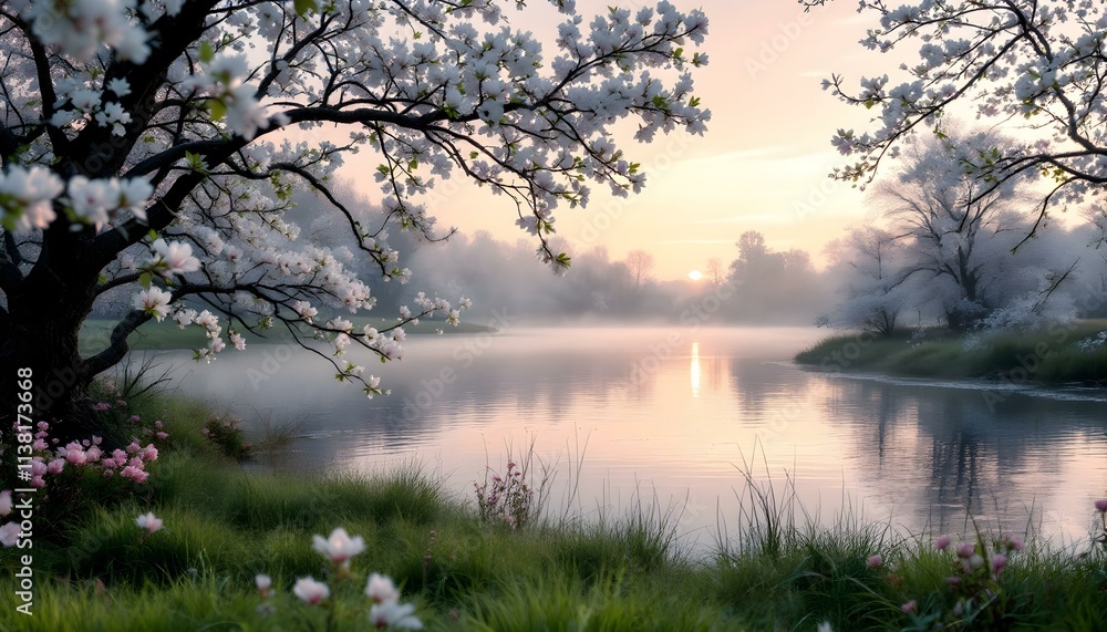 A calm lake at dusk, framed by blooming dogwood trees with white and pink flowers, fresh green grass, and ethereal mist rising from the water in the cool spring air.