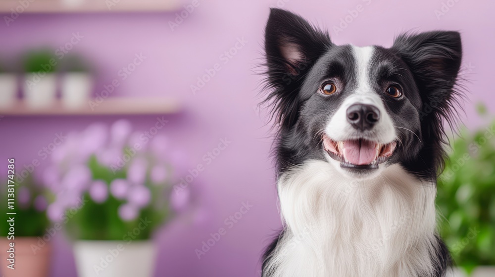 A cheerful black and white dog smiles against a soft purple background with greenery, making it perfect for pet-themed marketing, greeting cards A cheerful black and white dog smiles against a soft purple background with greenery, making it perfect for pet-themed marketing, greeting cards