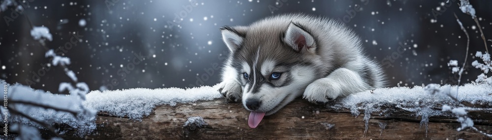A serene husky puppy resting on a snowy log amidst a tranquil winter landscape. A serene husky puppy resting on a snowy log amidst a tranquil winter landscape.