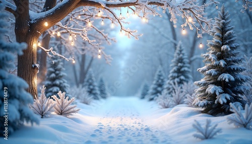 Snowy winter path illuminated by lights through a tranquil forest scene