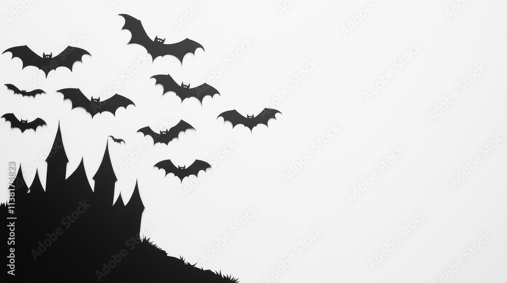 Fototapeta premium Haunted castle papercut card with bats flying spooky design
