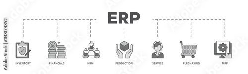 ERP infographic icon flow process which consists of inventory, financials, hrm, production, service, purchasing, and mrp icon live stroke and easy to edit .