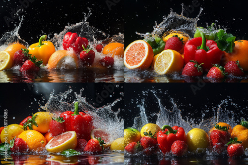 water splashes on fruits and vegetables, colorful bell peppers, strawberries, lemons, oranges, grapefruits, against a black background