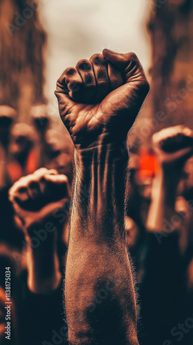 Clenched fists raised in solidarity during protest, symbolizing strength and unity