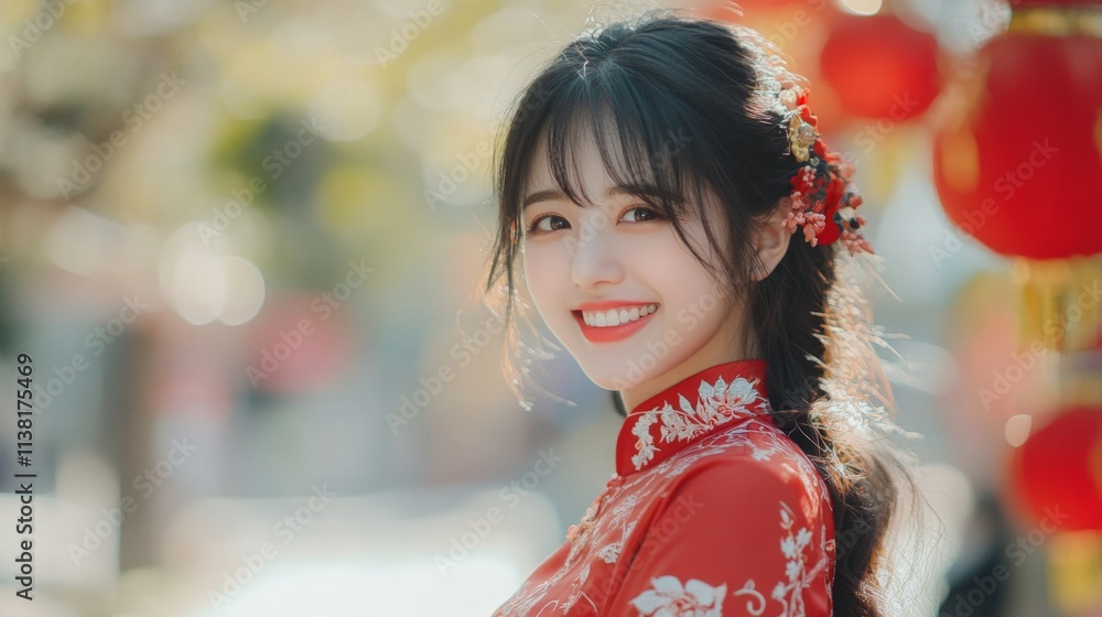 Korean girl smile wearing red cheongsam at lunar chinese new year festival, with copy space Korean girl smile wearing red cheongsam at lunar chinese new year festival, with copy space