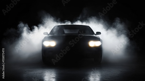 A sleek, black car with bright headlights emerges from a cloud of smoke in the dark