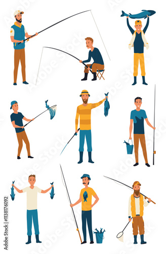 Cartoon people are fishing. Male fishermen characters with fishing rods on lake, summer catching process, men hobby recreation, leisure time, vector