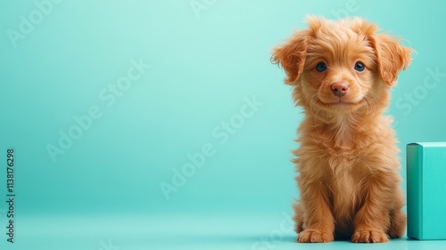 A cute, fluffy puppy sits against a vibrant turquoise background alongside a gift box, making it perfect for pet-related marketing, greeting cards, or social media posts about companionship and joy, photo