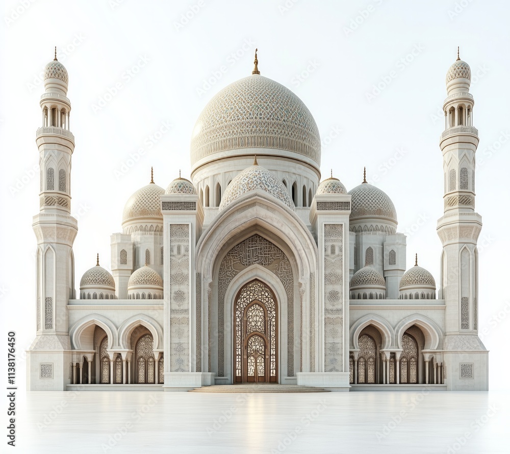 Fototapeta premium Majestic White Mosque Architecture: A Stunning 3D Render of Islamic Design