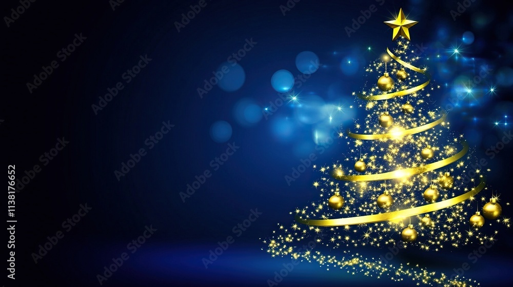 An elegant Christmas tree with gold ornaments and soft bokeh lights on a dark blue background, perfect for holiday cards, banners, invitation templates, celebrations, parties, business promotions An elegant Christmas tree with gold ornaments and soft bokeh lights on a dark blue background, perfect for holiday cards, banners, invitation templates, celebrations, parties, business promotions