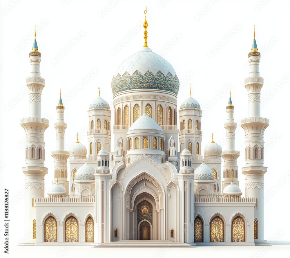 Obraz premium Magnificent White Mosque Architectural Marvel: A Stunning 3D Render of Islamic Grandeur
