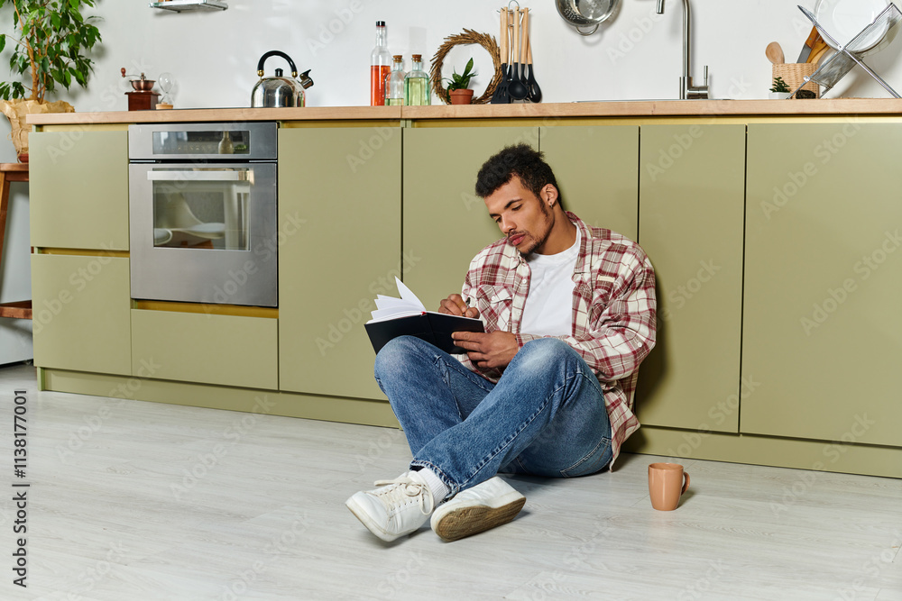 Handsome young man relaxes on the floor in a modern kitchen while enjoying a book and coffee. Handsome young man relaxes on the floor in a modern kitchen while enjoying a book and coffee.