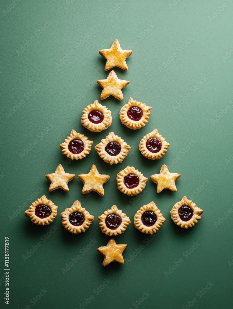 A Christmas tree made of mince pies and star-shaped jam tarts on a green background, viewed from above. A Christmas tree made of mince pies and star-shaped jam tarts on a green background, viewed from above.