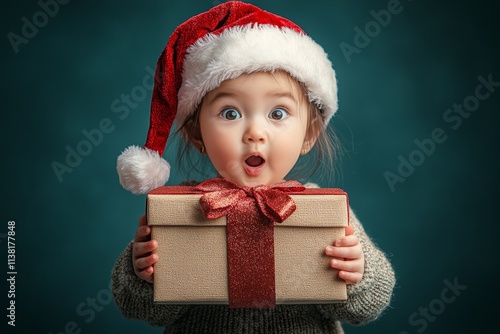 Copyspace. Isolated white asian baby girl in red holiday hat with acation box in hands, on green background. Santa hat scene. Green holiday scene. Kid with santa. Studio christmas tree. photo