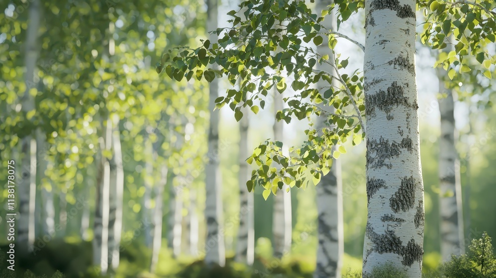 Fototapeta premium Serene Birch Forest with Lush Green Leaves and White Bark