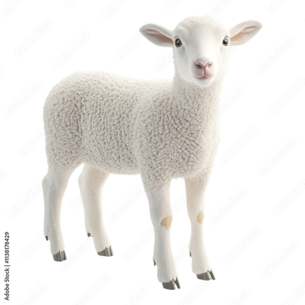 Obraz premium A small white fluffy lamb stands facing forward on a transparent background perfect for springtime or Easter marketing materials.