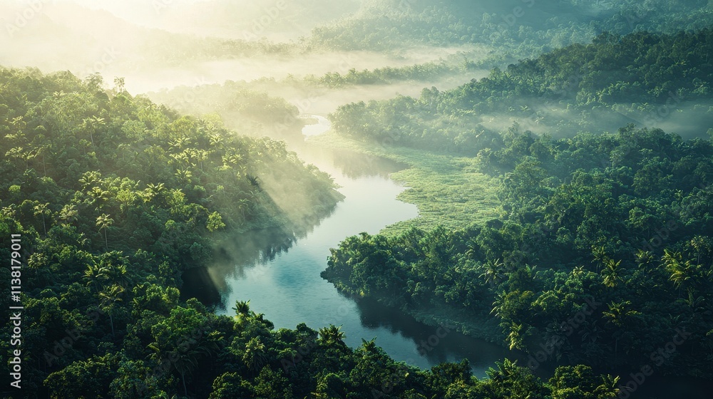 Lush Forest Landscape with Winding River and Natural Lighting Lush Forest Landscape with Winding River and Natural Lighting