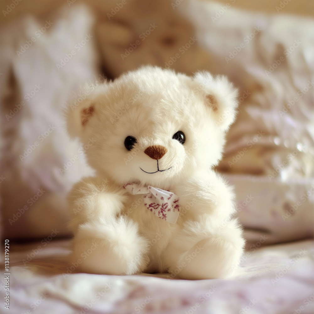 A small plush teddy bear sitting on a sofa A small plush teddy bear sitting on a sofa