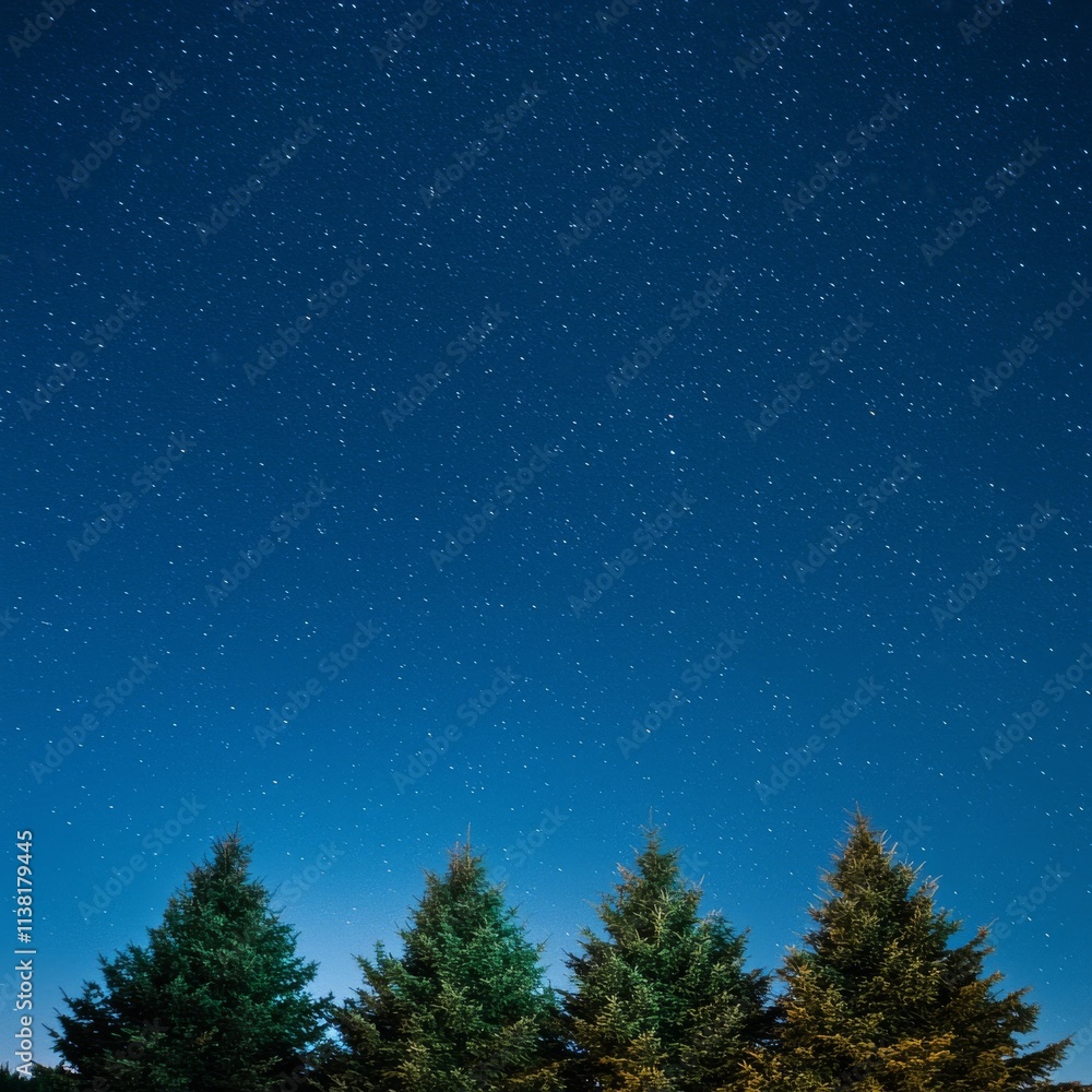 Naklejka premium Night Sky Above Three Coniferous Trees