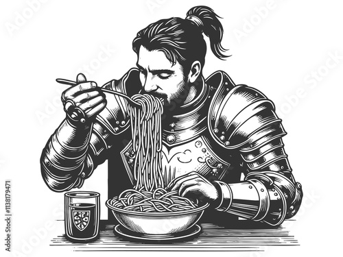 medieval knight in full armor enjoying a bowl of spaghetti, historical imagery with humorous elements sketch engraving generative ai raster illustration. Scratch board imitation. Black and white image photo