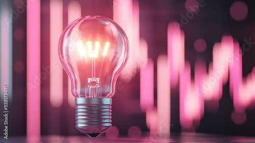 business mindset leadership goals concept, A glowing light bulb emits vibrant light against a backdrop of pink lines, symbolizing creativity and innovation.