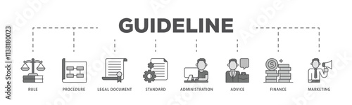 Guideline infographic icon flow process which consists of rule, procedure, legal document, standard, administration, advice, finance, marketing icon live stroke and easy to edit .
