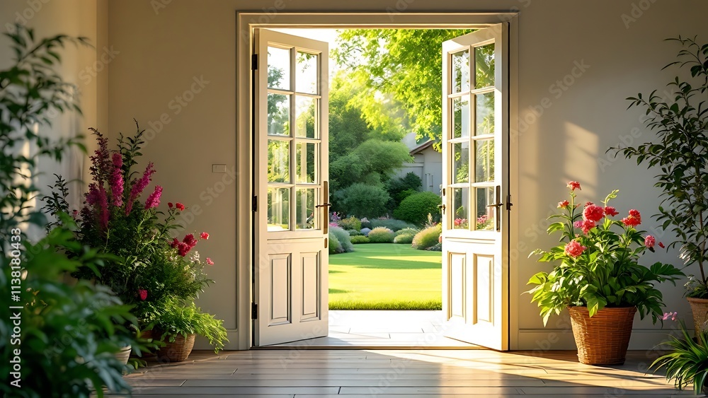 A beautiful garden and patio in summer are seen from a stylish designer room through bifold doors. A beautiful garden and patio in summer are seen from a stylish designer room through bifold doors.