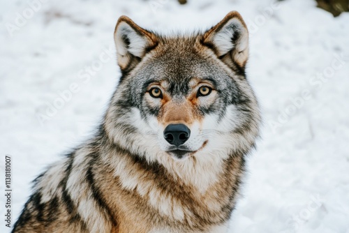 Close-Up Portrait of a Grey Wolf in Winter Snow, Majestic Wild Animal, Wildlife Photography, Nature Concept