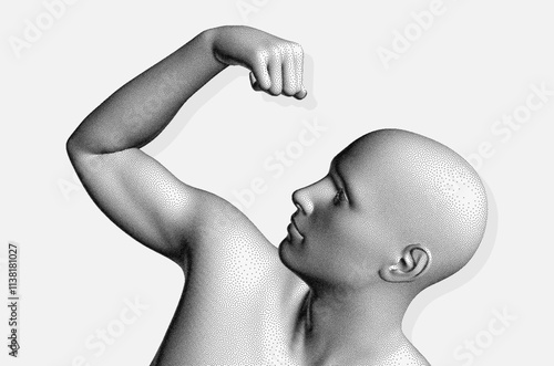 Be strong! Victory and freedom. Strong man. The symbol of sport. Concept of leadership or bodybuilding training. Human body formed from dots. Athlete in steeple style. 3D vector for design.