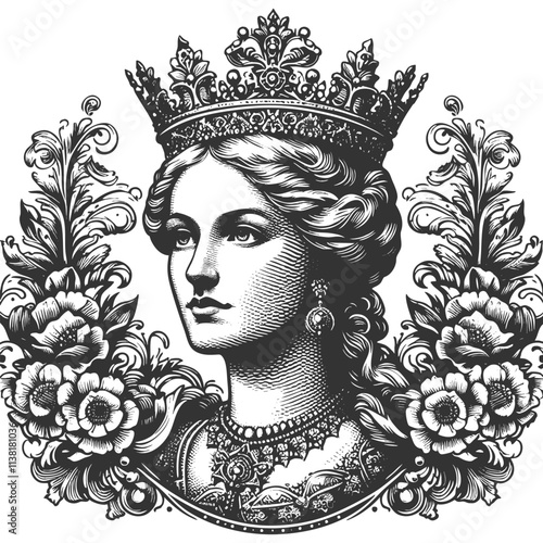 queen wearing a crown, surrounded by ornate floral and decorative patterns sketch engraving generative ai fictional character vector illustration. Scratch board imitation. Black and white image.