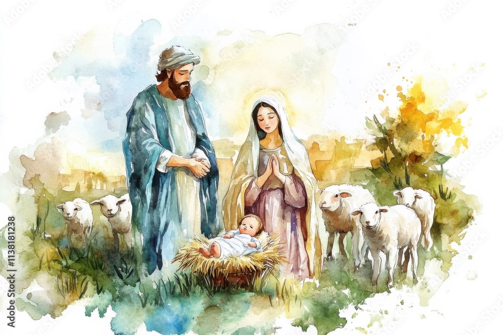 Watercolor Nativity Scene Illustration with Baby Jesus, Mary, Joseph, and Lambs, Christmas Christian Art, Birth of Christ, Religious Holiday Symbolism Watercolor Nativity Scene Illustration with Baby Jesus, Mary, Joseph, and Lambs, Christmas Christian Art, Birth of Christ, Religious Holiday Symbolism