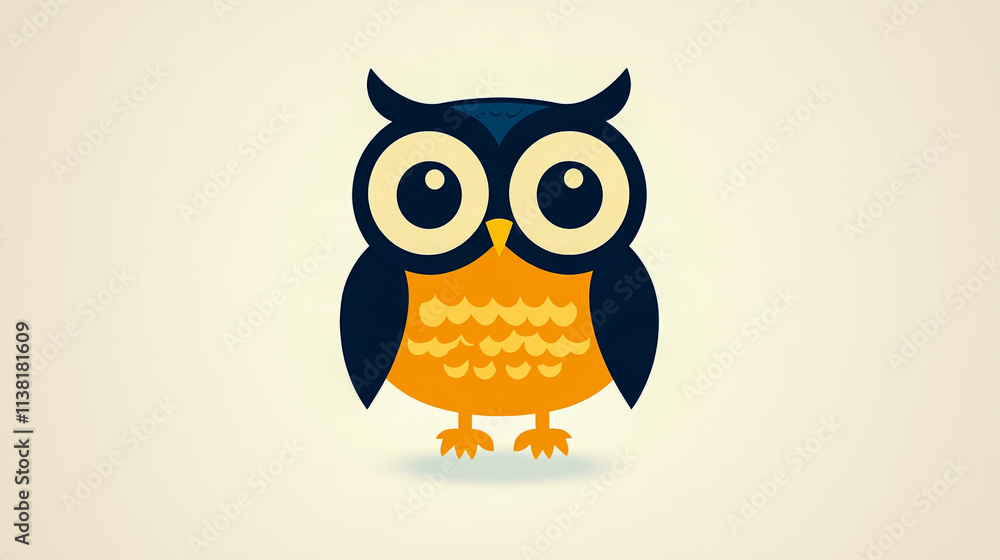Fototapeta premium Cute cartoon owl vector illustration with large eyes and orange body on a light beige background