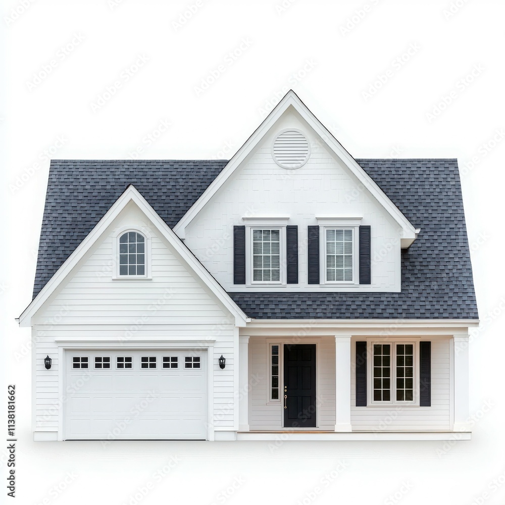 Modern house with white siding and a gray roof, isolated on a white background. Modern house with white siding and a gray roof, isolated on a white background.