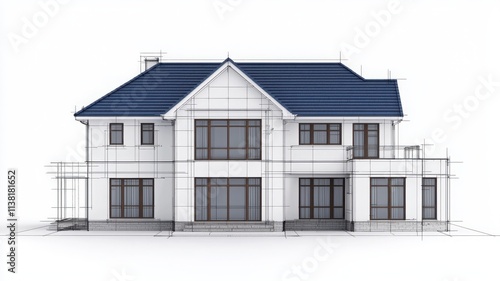 Modern house design with blue roof and large windows, white isolated background.