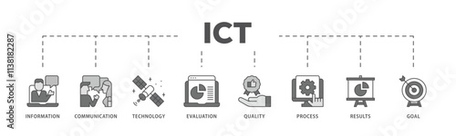 ICT infographic icon flow process which consists of antenna, radio, network, website, database, cloud, server, data, electronic, and processor icon live stroke and easy to edit .