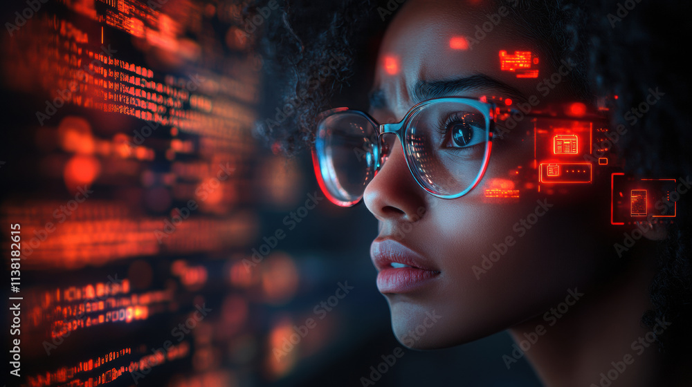 person with glasses looks at glowing red digital code with focused expression person with glasses looks at glowing red digital code with focused expression