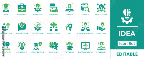 Idea Icon Set. Features editable icons for idea symbols, creativity, innovation, inspiration, brainstorming, concepts, solutions, and more. Perfect for businesses, marketers, and creatives.