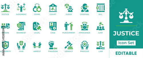 Justice Icon Set. Features editable icons for justice symbols, law, crime, court, legal, judge, criminal, prison, warrant, case, and more. Perfect for legal, government, and law enforcement websites.