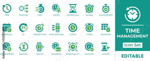 Time Management Icon Set. Features editable icons for time management symbols, productivity, efficiency, scheduling, planning, deadlines, etc. Perfect for businesses, professionals, and students.