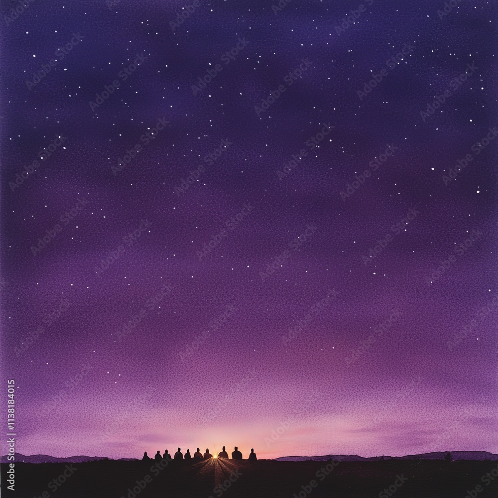Fototapeta premium Silhouetted trees at sunset under a purple starry night sky.