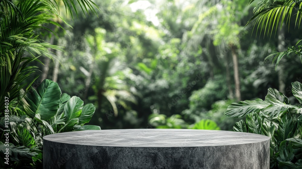 Stone Display Platform Amidst Lush Tropical Foliage Stone Display Platform Amidst Lush Tropical Foliage