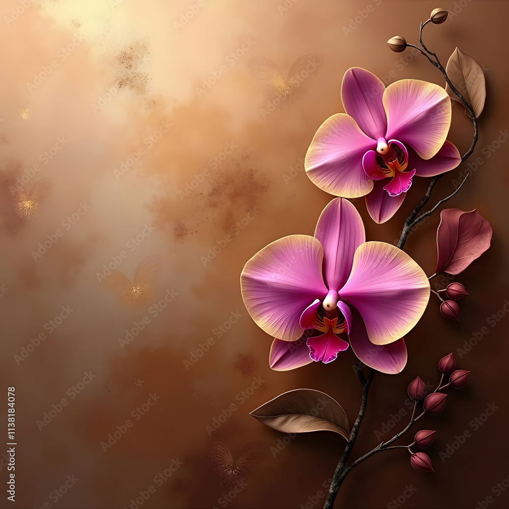Naklejka premium Exquisite Orchid Petals on Warm Brown Background - Minimalist Botanical Art