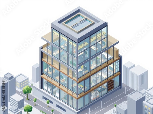 Isometric vector illustration of a modern office workplace building with multiple floors and windows, isometric, workplace